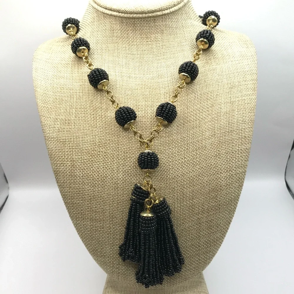 Elegant Black Seed Beads and Gold-Tone Accents with Beaded Tassels Necklace - Picture 5 of 8